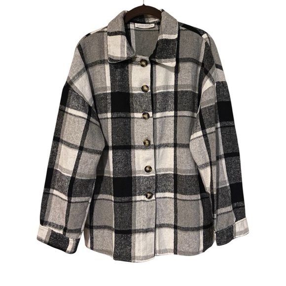 Plaid Cabincore Shacket Jacket Black White Plaid Cotton Blend Flannel Checkered - Picture 2 of 5